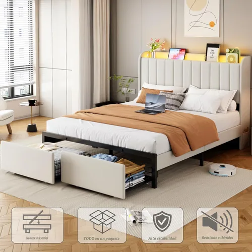 Vista 7 de Base de cama tamaño matrimonial con cabecera de almacenamiento y 2 cajones, base de cama tapizada con luces LED y práctica estación de carga,