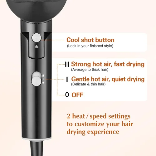 Vista 3 de Secador de pelo plegable pequeño de 1600 W, negro Secador compacto de secado rápido con concentrador y tiro frío