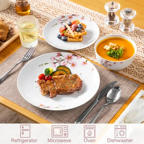Vista 5 de VEWEET juego de vajilla de porcelana para 4, juego de 12 piezas con platos y cuencos con diseño floral rosa, juego de platos para la cocina ideal