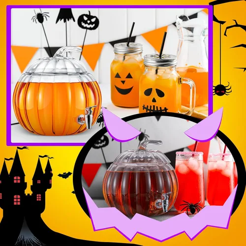 Vista 5 de Uiifan Paquete de 2 dispensadores de bebidas de calabaza de vidrio de 2 galones para otoño, Halloween, suministros de fiesta de Acción de Gracias
