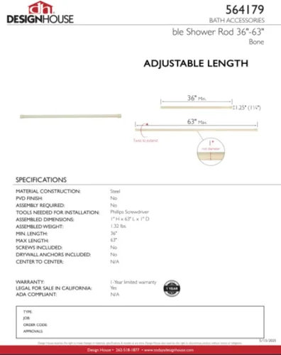 Vista 11 de Design House 564179 Barra de ducha clásica ajustable de 36 a 63 pulgadas para hueso de baño Longitud ajustable, Longitud ajustable, Montaje