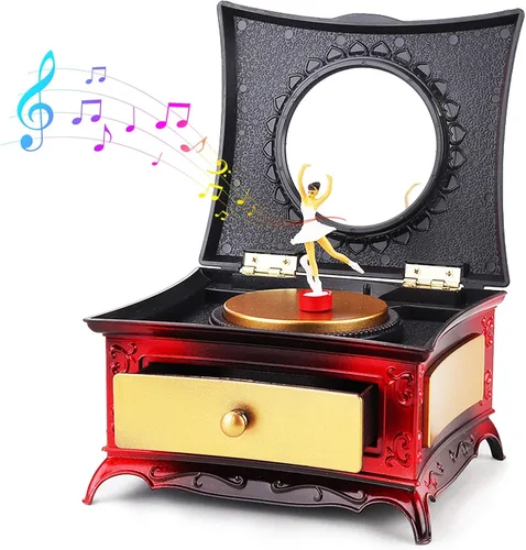 Vista 6 de TPSKY - Joyero de música con cajón extraíble y espejo redondo caja de música para niña bailando caja de almacenamiento creativa caja