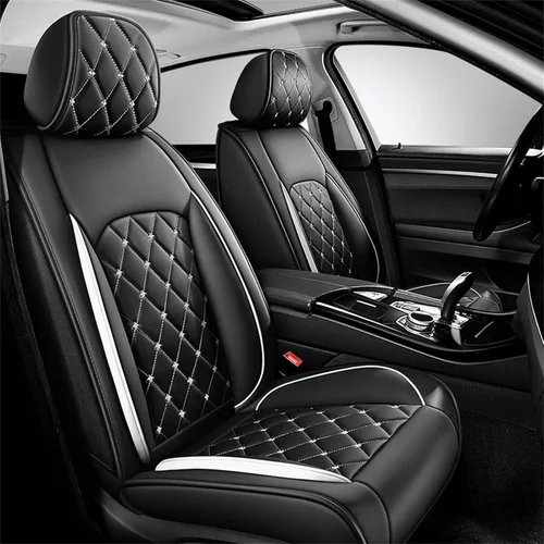 Vista 8 de Juego completo para 5 asientos, protectores de asiento de coche impermeables, transpirables, antideslizantes, de cuero, ajuste universal, para Negro