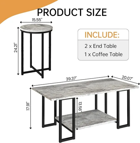 Vista 2 de Lamerge Juego de 3 mesas para sala de estar, mesa de café de mármol sintético con 2 mesas auxiliares redondas, juego de mesa de café con estructura