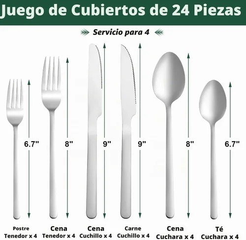 Vista 2 de Juego de cubiertos de 24 piezas con cuchillos para carne, juego de cubiertos de acero inoxidable para 4, juego de cubiertos de grado alimenticio