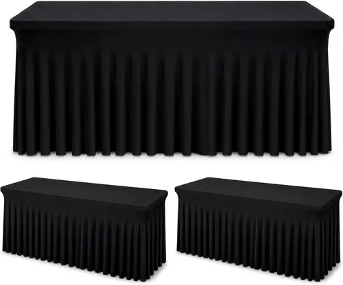 Vista 11 de Fixwal Paquete de 2 manteles de elastano negro para mesa rectangular de 4 pies, falda de mesa para fiesta, espectáculo, boda y cumpleaños