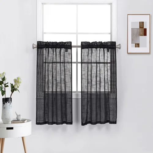 Vista 19 de Diamond Home Linens 2 paneles cortos con bolsillo para barra, filtrado de luz, de lino, texturizado, para ventanas pequeñas, 27 pulgadas de ancho x