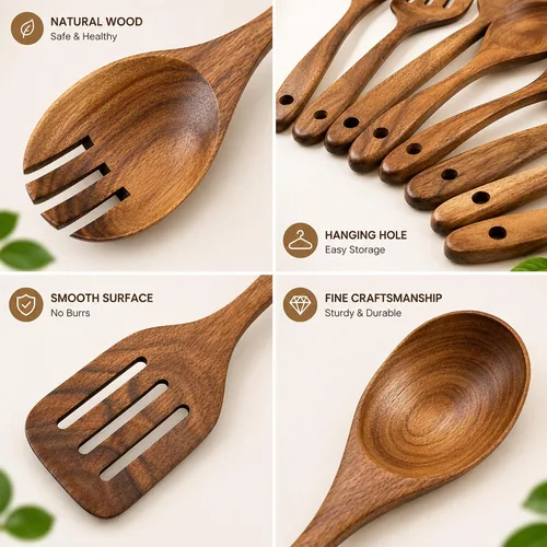 Vista 10 de Juego de utensilios de cocina de madera de teca prémium de 8 piezas, resistentes al calor, ligeras y resistentes, cucharas de madera para utensilios
