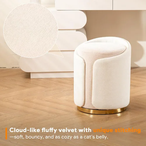 Vista 5 de Taburete Giratorio de Tocador con Base Dorada Cómoda Silla de Tocador Taburete Redondo Moderno para Tocador de Maquillaje Otomana de Tocador Beige