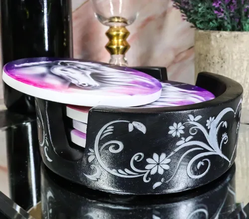 Vista 2 de Ebros Gift Romántico juego de posavasos de unicornio sagrado índigo con 4 posavasos de cerámica y diseño floral redondo con diseño de desplazamiento