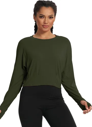 Vista 4 de Mippo Womens Oversized Long Sleeve Workout Crop Top Batwing Sleeve Shirts with Thumb Holes