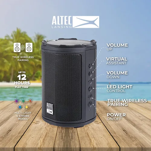 Vista 3 de Altec Lansing - Altavoz Bluetooth inalámbrico HydraMotion con sonido de 360 grados, impermeable IP67 portátil para exteriores, a prueba de golpes, a