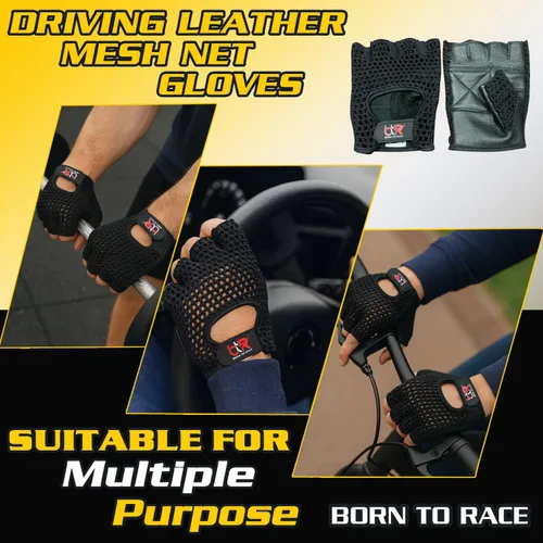 Vista 2 de Guantes de conducción de chófer de malla sin dedos, piel de vaca, palma de algodón, espalda de ganchillo, ciclismo, guantes para silla de ruedas
