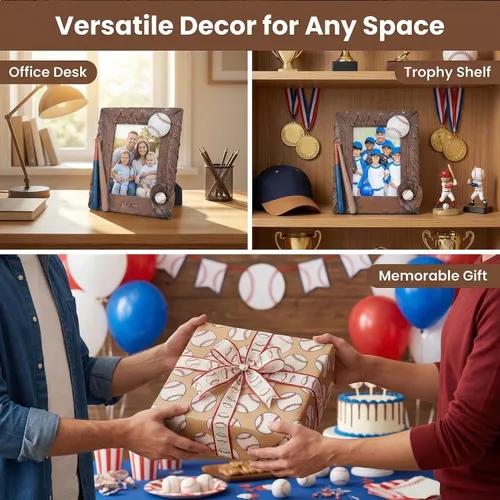 Vista 6 de Marco de fotos hecho a mano, marco deportivo de béisbol 3D, regalos de cumpleaños para hombres, mujeres, atletas, entrenadores, equipos (marrón)