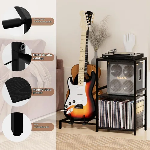 Vista 5 de YAKANJ Mesa Auxiliar con Soporte para Guitarra, Soporte para Tocadiscos, Almacenamiento para Discos de Vinilo, Soporte de 2 Niveles para Guitarra