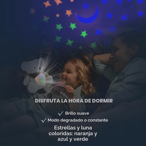 Vista 5 de Oso para dormir para bebé con proyector de estrellas de luz nocturna, juguetes de peluche de algodón suave para niños y niñas, música de cuna, ruido