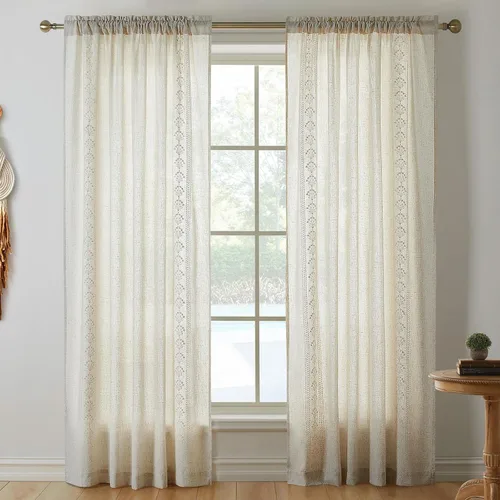 Vista 2 de Cortinas modernas de lino de 96 pulgadas de largo, 2 paneles de cortinas semitransparentes bordadas para sala de estar, cortinas filtrantes de luz
