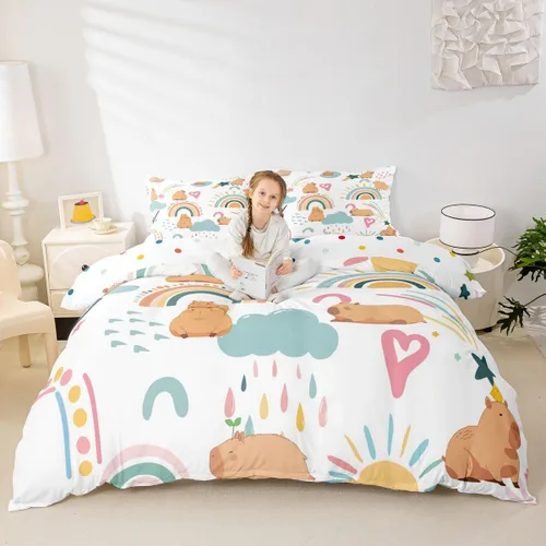 Vista 2 de Erosebridal Capybara - Juego de funda de edredón para dormitorio, 2 piezas, diseño de arco iris, tamaño individual, para niñas, funda de edredón