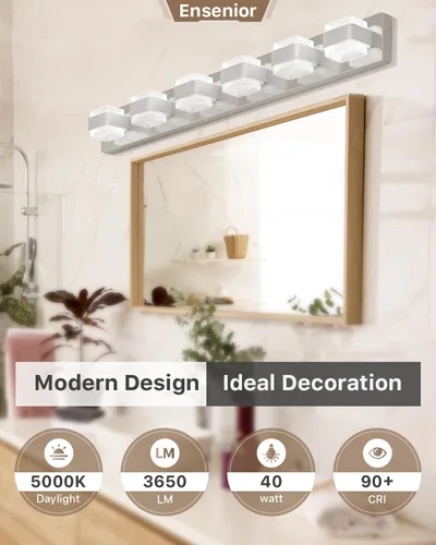 Vista 2 de Ensenior Lámparas de tocador de baño sobre espejo (6 luces-37.4 pulgadas), iluminación moderna cromada regulable, acero inoxidable acrílico, luz