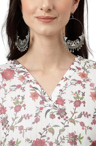 Vista 7 de Janasya Vestido acampanado con estampado floral de lúrex de gasa blanca para mujer india