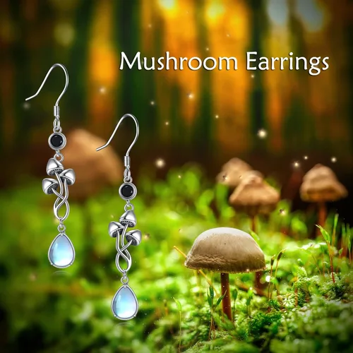 Vista 8 de YAFEINI Joyería de hongos de plata de ley 925 con piedra lunar, aretes colgantes de hongos, regalos de hongos para mujeres y niñas, Piedra lunar
