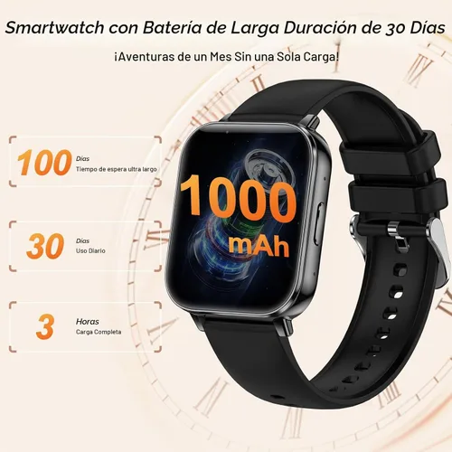 Vista 2 de Relojes inteligentes para mujeres y hombres, batería de 1000 mAh, compatible con Android y iPhone, relojes inteligentes HD de 1.83 pulgadas con Negro