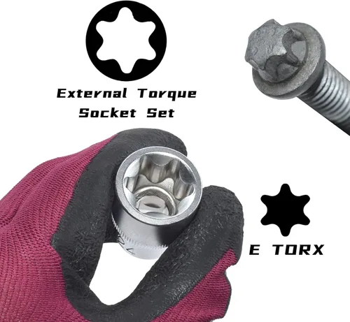 Vista 3 de E-Torx Juego de zócalos, 14 piezas hembra E-Torx Star Socket Set, 1/4" 3/8" 1/2" Drive, E4 a E24 Torque E Externo Juego de zócalos, 14pcs Star
