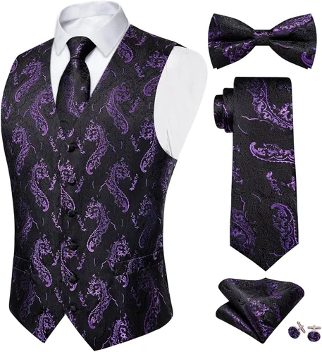 Vista 21 de DiBanGu Conjunto de 5 chalecos de seda con corbata y corbatín para hombre Paisley oro negro