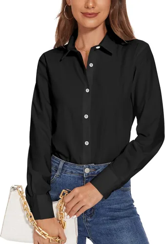 Vista 11 de YAMANMAN Camisas de vestir con botones para mujer, blusas de manga larga con cuello sin arrugas, blusas de trabajo sólidas Blanco