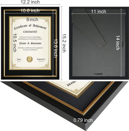 Vista 5 de Marco de diploma de 11 x 14 grados, madera maciza, vidrio inastillable para documentos, marco dorado negro de 8.5 x 11 pulgadas con paspartú