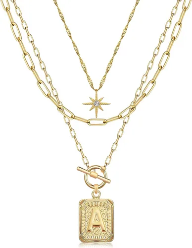 Vista 42 de MJartoria Collares con iniciales en capas para mujer, modernos, chapados en oro de 14 quilates, cadena de papel, collar sencillo con dije de Dorado