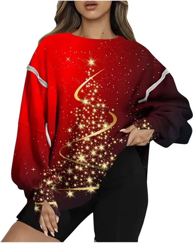 Vista 5 de Sudaderas para mujer con estampado gráfico de Navidad, suéter de retazos sólidos, camisas casuales de ajuste holgado a rayas