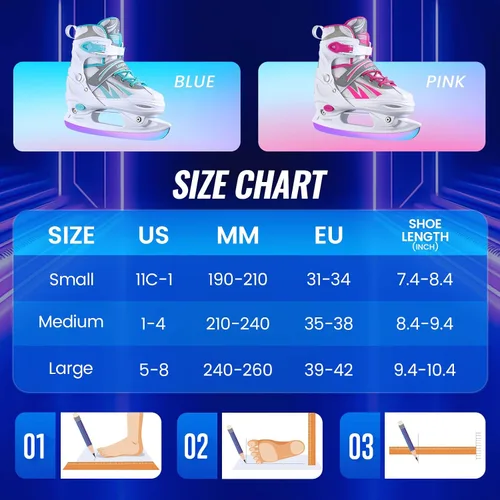Vista 6 de Patines de hielo ajustables para niños, niñas y niños, 4 tamaños ajustables para principiantes, patines de hockey sobre hielo para jóvenes