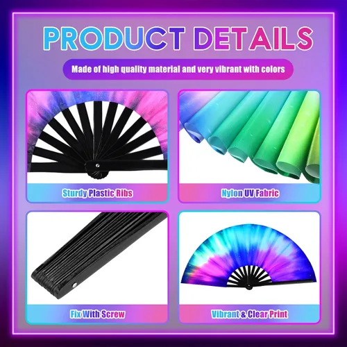 Vista 3 de Boao - 2 ventiladores plegables grandes para baile de línea, neón, ventilador de mano, ventilador de mano con sonido fuerte, ventilador de seda