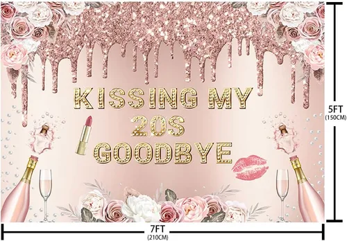 Vista 5 de AIBIIN Telón de fondo de feliz cumpleaños de 7 x 5 pies para mujer, besando mis 20 años, despedida, oro rosa, purpurina, bohemio, floral, champán