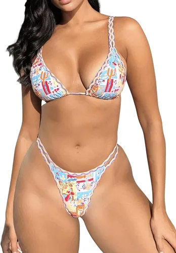 Vista 5 de SOLY HUX Conjunto de bikini para mujer, traje de baño de 2 piezas con estampado de triángulos