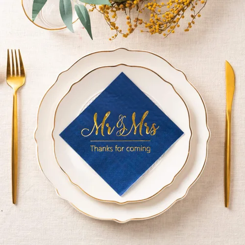Vista 2 de Crisky Servilletas de boda Mr Mrs Bule - Servilletas doradas de postre para boda, ducha, compromiso, fiestas, 100 unidades, 3 capas