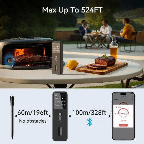 Vista 6 de BFOUR Termómetro de Carne Digital Inalámbrico con Amplificador LCD, Termómetro Bluetooth para Cocinar Alimentos con Aplicación Inteligente, Alcance