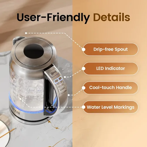 Vista 12 de TOPZEE Hervidor eléctrico de vidrio de 1.7L para café y té, caldera de agua caliente con 6 temperaturas preestablecidas, función de mantener