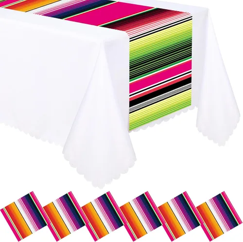 Vista 9 de Preboun 6 piezas de camino de mesa mexicano de plástico Dia De Los Muertos Serape Camino de mesa 14 x 108 Fiesta mexicana colorido a rayas