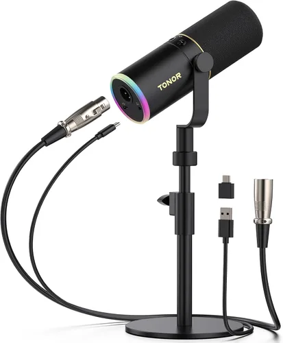 Vista 12 de TONOR Micrófono dinámico para juegos, transmisión de micrófono XLR/USB, cancelación de ruido AI, RGB controlable, Tap Mute, conector