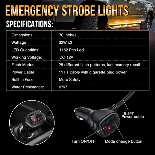 Vista 5 de 2 tiras de luces estroboscópicas de emergencia de 70 pulgadas, color blanco ámbar, 1152 LED, impermeables, flexibles, intermitentes, advertencia