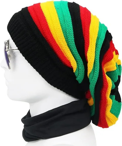 Vista 3 de Gorra unisex de Jamaica Reggae Rasta Slinky Beanie Multicolor a rayas Slouchy Baggie Beanie Skullies Gorro Rasta Hat, Negro