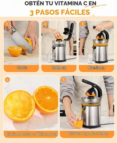 Vista 6 de Exprimidor eléctrico de naranja, exprimidor de cítricos con 2 conos intercambiables, máquina exprimidora eléctrica de 160 W con cuerpo de acero