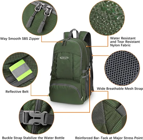 Vista 4 de G4Free - Mochila para senderismo ligera y plegable de 40L, mochila de viaje impermeable para el día a día Water-Resistant Polyamide