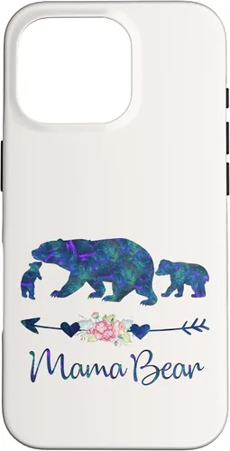 Vista 20 de Teal Blue Purple Floral Mama Bear and Two Cubs White Case for iPhone 16