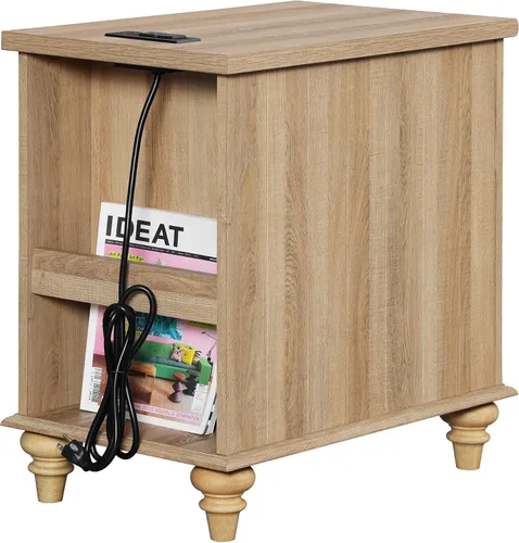 Vista 9 de WAMPAT Mesa auxiliar de granja con estación de carga, mesa auxiliar de madera con tomas de corriente y puertos USB, mesita de noche de ratán