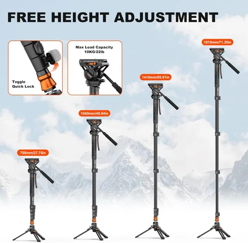 Vista 7 de Monopod de cámara profesional con pies, monopie de video de viaje portátil de aluminio de 73.2 pulgadas con base de trípode extraíble, carga máxima