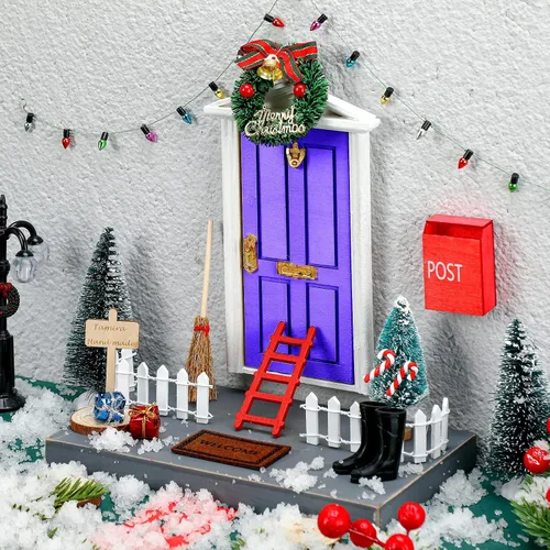 Vista 10 de Hungdao - 20 piezas de decoración en miniatura de madera para puerta de elfo de Navidad, puerta azul