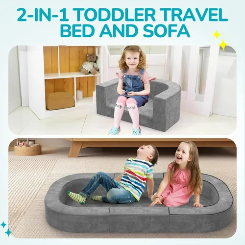 Vista 3 de Cama de suelo 3 en 1 para niños pequeños, cama portátil de viaje, tumbona y sofá para niños de 1 a 6 años, con bolsa de transporte, diseño plegable